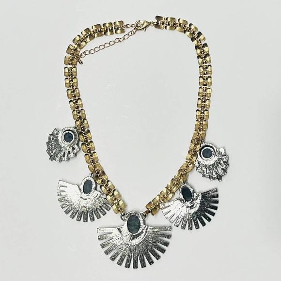 Fan Pendant Statement Necklace with Stone Gold Silver Blue Two Tone Boho Classic - Picture 5 of 6